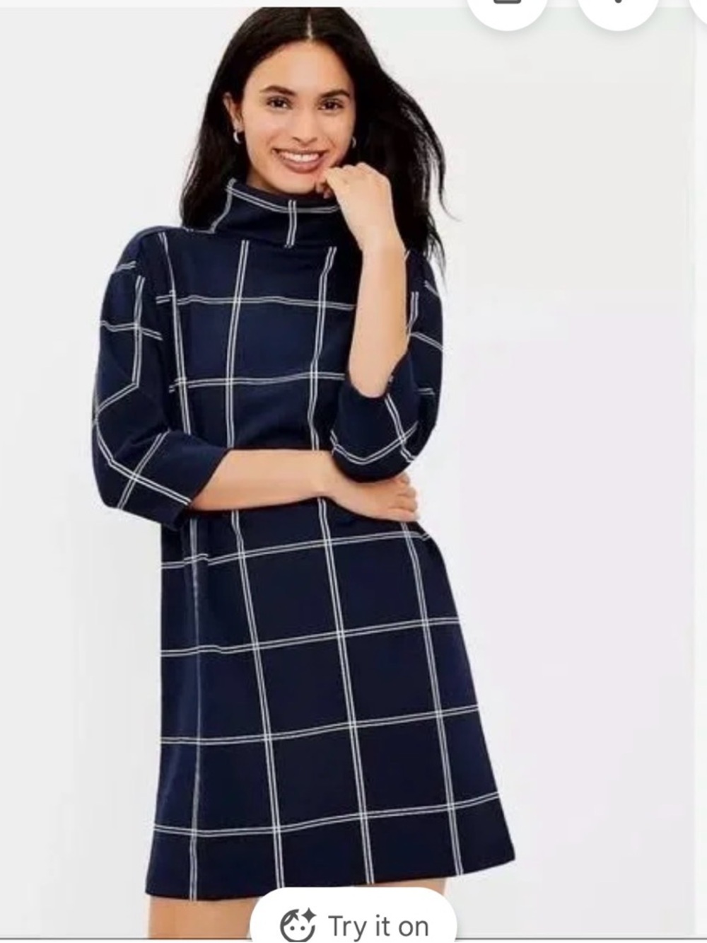 LOFT Navy Windowpane Turtleneck Shift Dress
